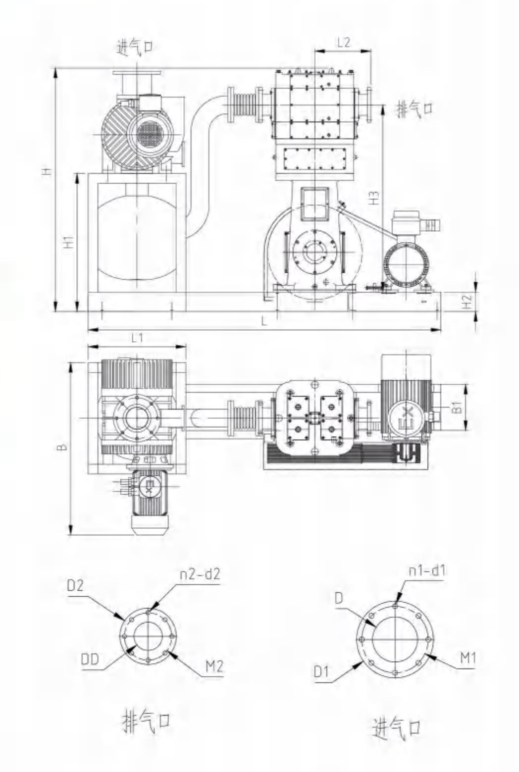 JZJW系列羅茨往復真空泵機組外形及安裝尺寸圖